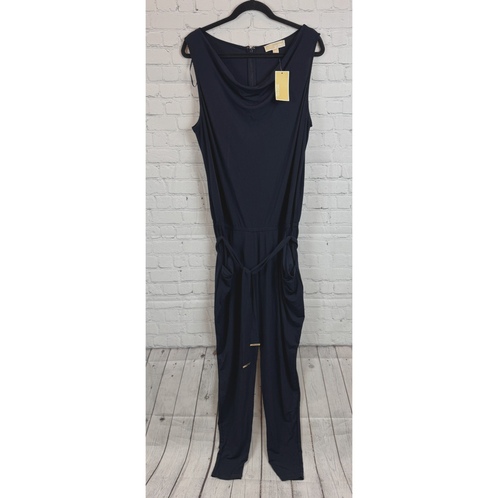 MICHAEL MICHAEL KORS navy blue stretch sleeveless logo jumpsuit size L NWT